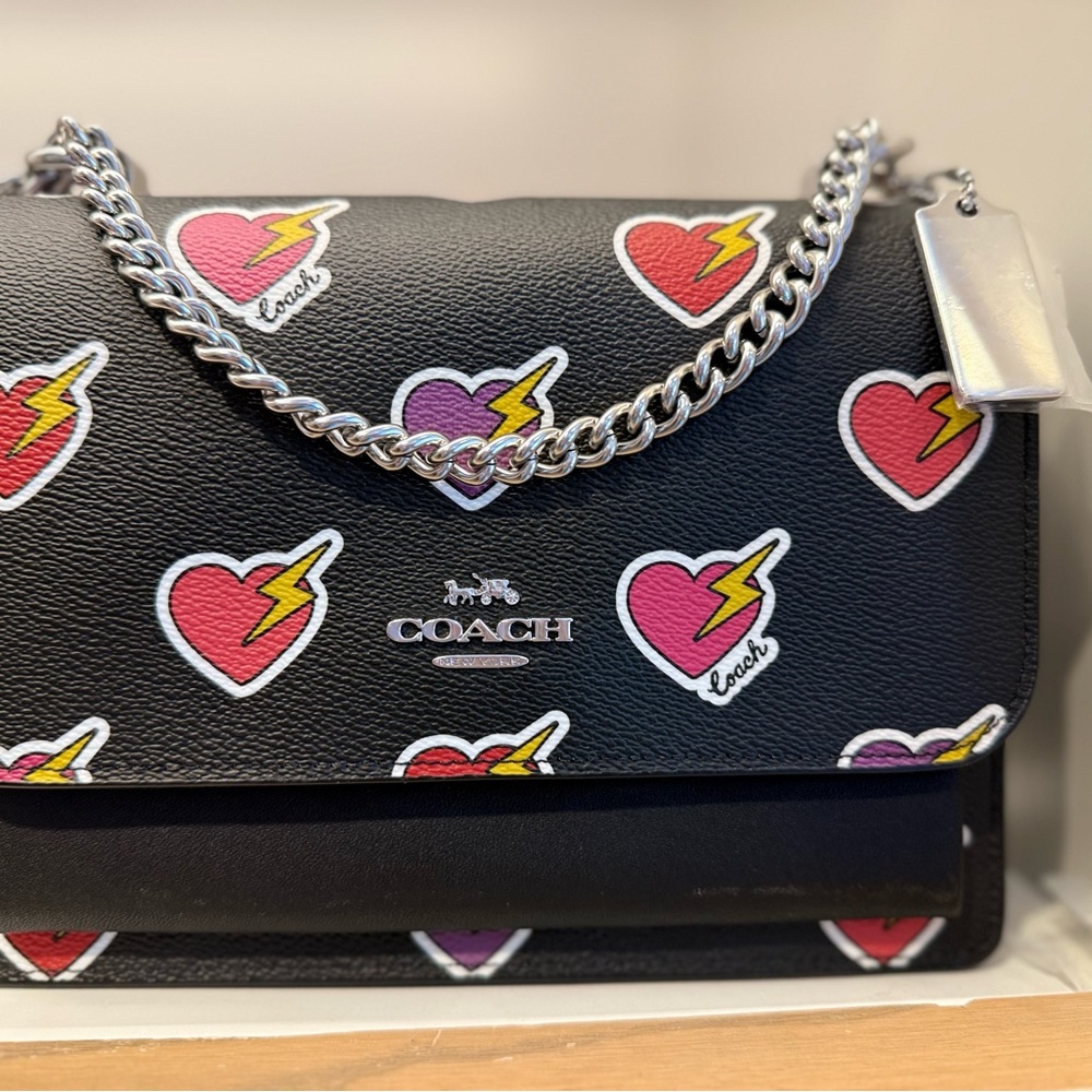Coach Black Heart Print Crossbody Bag with Silver Chain